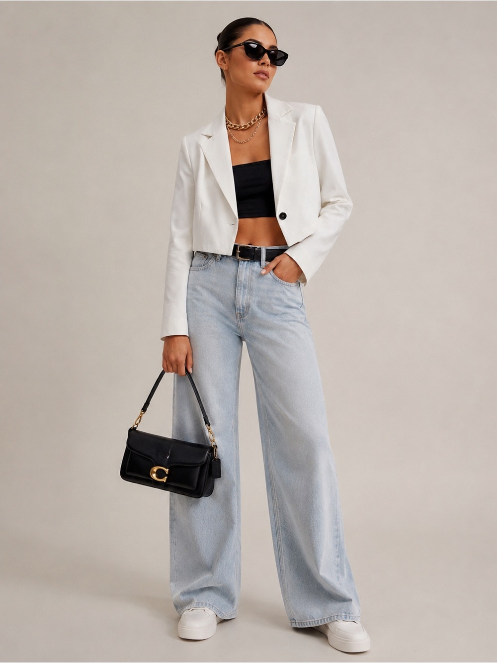 Cropped White Single-Button Blazer